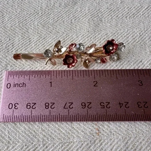 Soft Salmon Pink Floral Romantic Gold Hair Pin w/ Crystal Rhinestones & Enamel - Picture 4 of 5